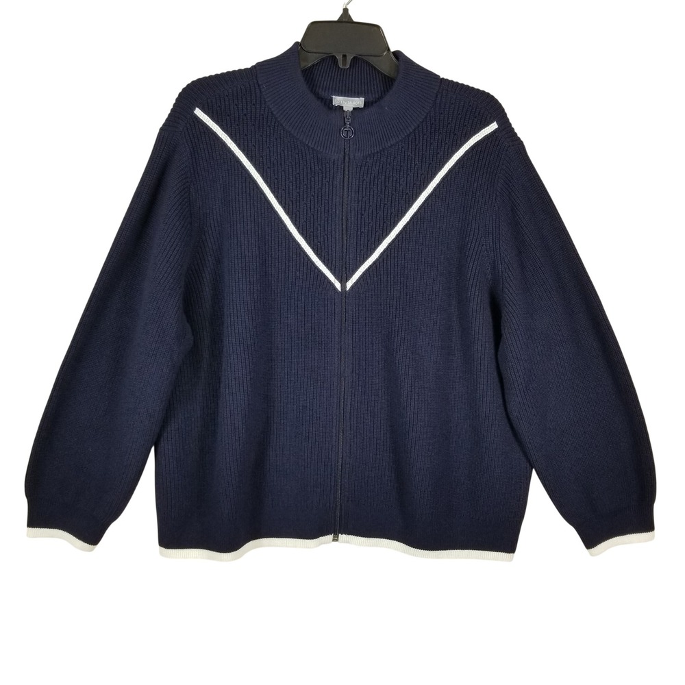 T by Talbots Navy Blue Coolmax Cotton Ribbed‎ Full Zip Sweater 3X P Plus Petite